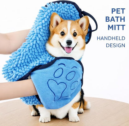 Super Absorbent Dog Bath Towel & Grooming Glove Set – Soft Chenille Dog Drying Towel for Small Dogs & Puppies, Quick Dry, Machine Washable, Non-Toxic, Blue