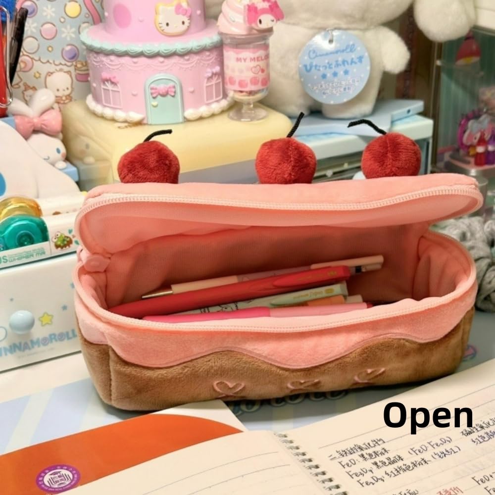 Vobomo Cherry Cake Pencil Case Big Capacity Pen Holder Plush Pencil Pouch Box Cute Aesthetic Pen Case (Cherry)