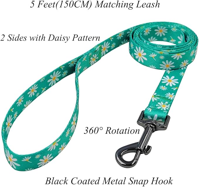 Dog Collar Leash Set, Floral Pattern, Polyester Material, Adjustable Collar and 5ft Matching Leash, for Medium Dogs.(M, Green Daisy)