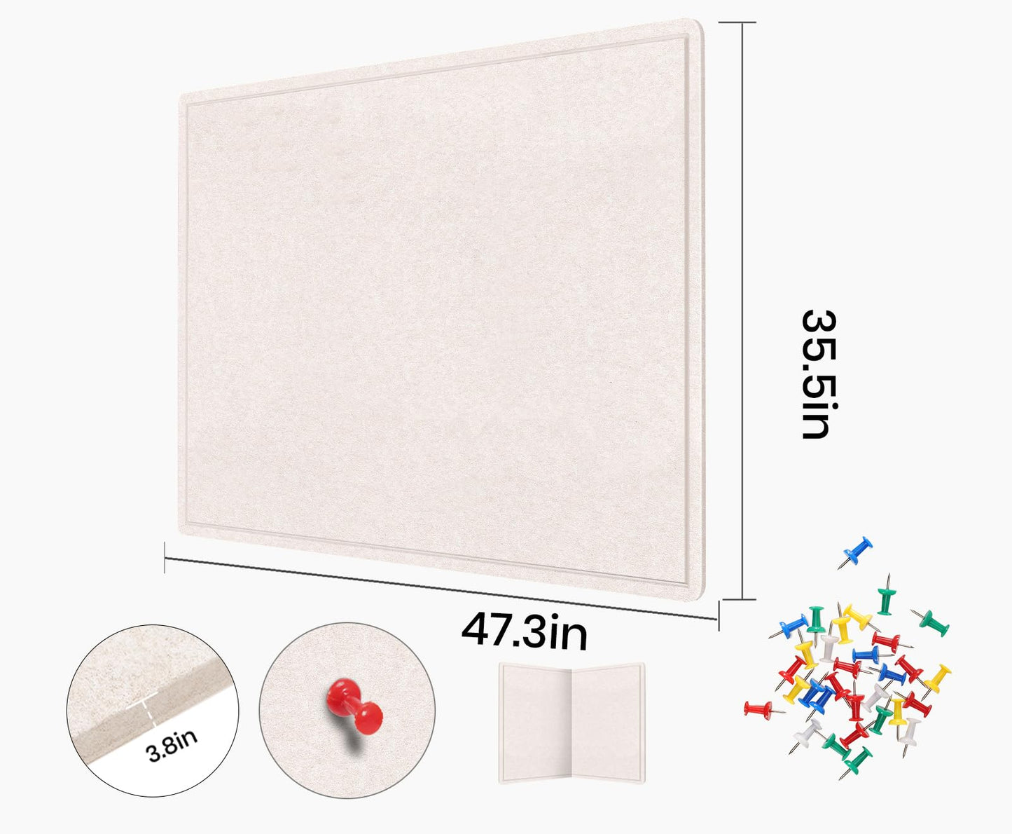 Large Bulletin Board, 48 X 36 inches Felt Board Notice Pin Board, 4' x 3'Cork Board Alternative for Wall, Self-Adhesive Vision Board Mood Board Foldable Photo Board with 30 Pushpin (Oatmeal)