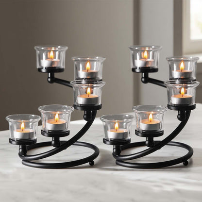 Kolnlala 2Pcs Black 5-arm Metal & Glass Tea Light Candle Holders for Table Centerpiece, Glass Votive Tealight Holders/Candelabra Candlestick Holders for Wedding,Party, Anniversary,Christmas