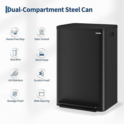 13 Gallon Trash Can Kitchen Garbage Bin with Removable Inner Buckets 50L Stainless Steel Step-on Metal Large Waste Cans with Soft Close Lid Black