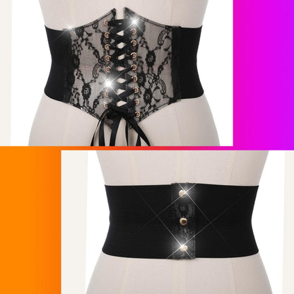 BODIY Women Lace Corset Belts Elastic Cinch Belt Tied Waspie Wide Waist Bustiers for Dress (Black)