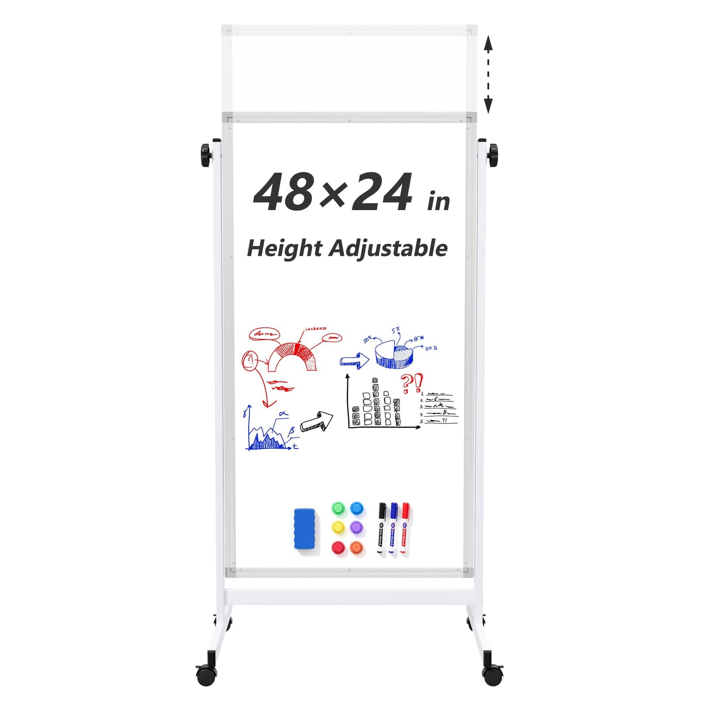 Large Rolling Whiteboard on Wheels, 48" x 24" Height Adjustable Mobile White Board with Stand, 4' x 2' Portable Standing Magnetic Dry Erase Board Easel for Home Office Classroom School, Silver