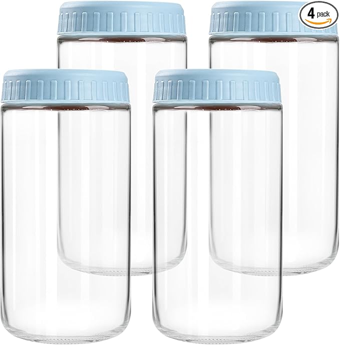 SHOWIN Overnight Oats Containers with Lids, 24oz Glass Jars with Lids 4 pcs, Light Blue, Wide Mouth Mason jars for Salad, Yogurt, Snacks, Meal Prep