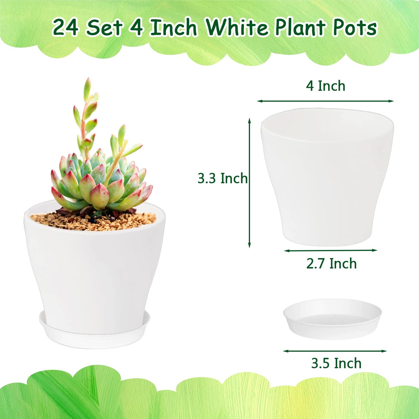 24 Set 4 Inch White Plant Nursery Pots,Plastic Planters Succulent Container with Trays and Drainage Holes for Indoor Outdoor Small Plants,Herbs,Seeds