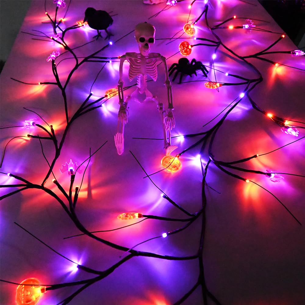 PALONMY Halloween Decor Lights 8.8 Ft 72 LED Willow Vine Twig with Timer Battery Operated Garland Light 12 LED Pumpkin 12 LED Bats and 48 Lights Halloween Party Decoration for Home Wall Fireplace