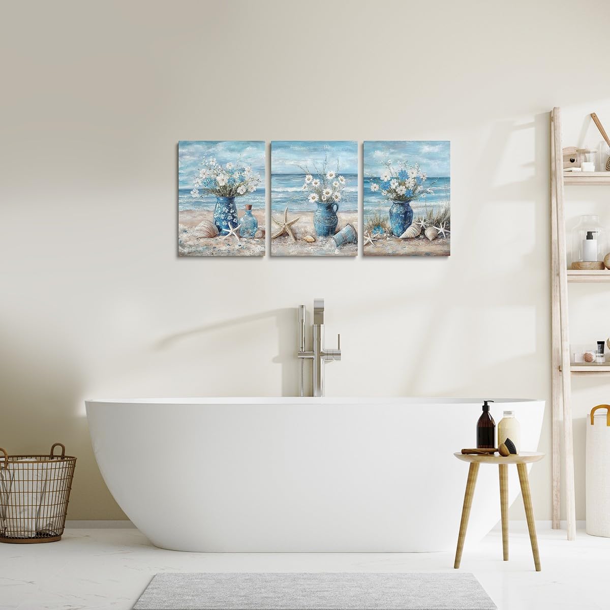 jejeloiu Blue Beach Canvas Wall Art for Living Room Bedroom 12"x16"x3pcs Daisy Flroal Picture Wall Decor for Bathroom Starfish Coastal Ocean Office Decorations Artwork Posters Ocean Marine Painting