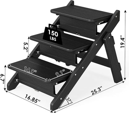 Dog Stairs and Steps, HDPE Plastic Wood Grain, 2-in-1 Foldable Pet Ramp for Small and Medium Dogs and Cats, for Bed Couch and Car, No Assembly Required, Supports Up to 150lbs, Black