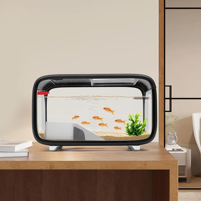 Desktop Fish Tank, 3.2Gal Small Betta Fish & Turtle Tanks, Aquarium Bowl with Detachable Basking Platform, Multi-Functional Areas Aquascape Tanks for Fish Terrapin Frog Shrimp Crab (Black)