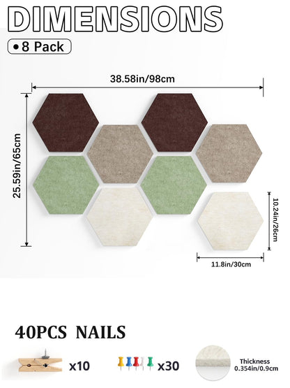Uoisaiko 8 Pack Hexagon Felt Bulletin Board Tiles - 12" Large Thick Pin Board for Walls with 30 Push Pins, DIY Boards for Office Home School Decor, Aesthetic Hex Cork Board Alternative