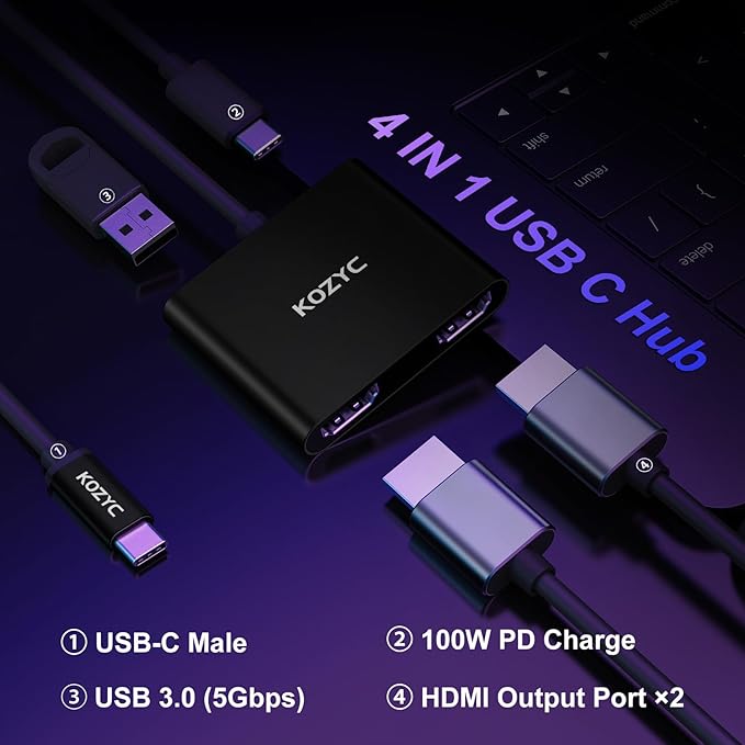 KOZYC USB C to Dual HDMI Adapter 4K@30Hz, USB C Hub Multiport Adapter with 2xHDMI, USB 3.0, 100W PD, Support USB C to HDMI Splitter Extended Display (MST Only Support Windows), Black