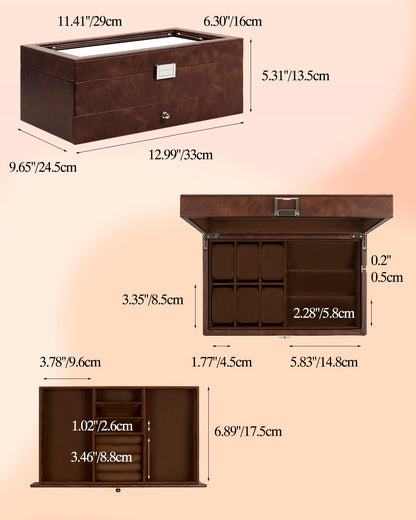 GUKA Watch box, 6 Slot Watch Case, 3 Slot Sunglass Organizer, Watch Cases for men with Real Glass Lid, Watch Organizer storage with Jewelry Case, Birthday for Men and Women,