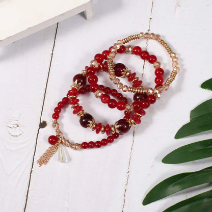 LOTSOF Bohemian Green Jade Stackable Bracelet Set - 4-Layer Stretch Beaded Bracelets with Gold Accents, Boho Jewelry for Women, Fashion Statement Accessory (Gift Ready) (Red)
