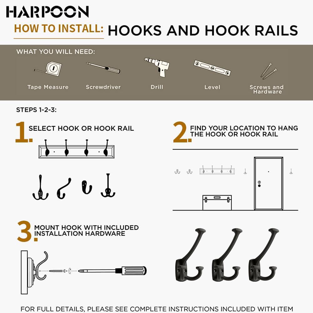 HARPOON Triple Prong Decorative Wall Hook | 3 Pack Matte Black Hook for Coat, Hats, Backpacks, Bags | Hooks for Bathroom, Bedroom, Closet, Entryway, Laundry Room, Office