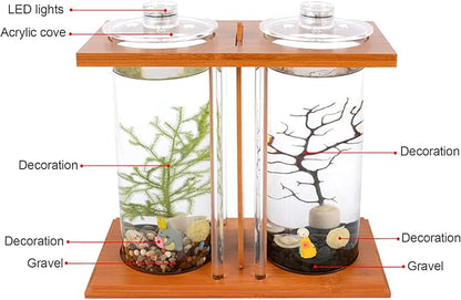Dual Chamber Bamboo Desktop Aquarium - Mini Betta Fish Tank with LED Light, 360° View Glass Tanks for Goldfish or Small Fish, Home Office Decor
