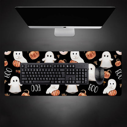 HUOCAIREN Boo Happy Halloween Large Mouse Pad, Cute Ghosts Black Desk Pad, Ripe Pumpkins Desk Mat, Computer Gaming Mouse Pad, Non-Slip Mousepad Playmat with Stitched Edges for Gamer Home & Office