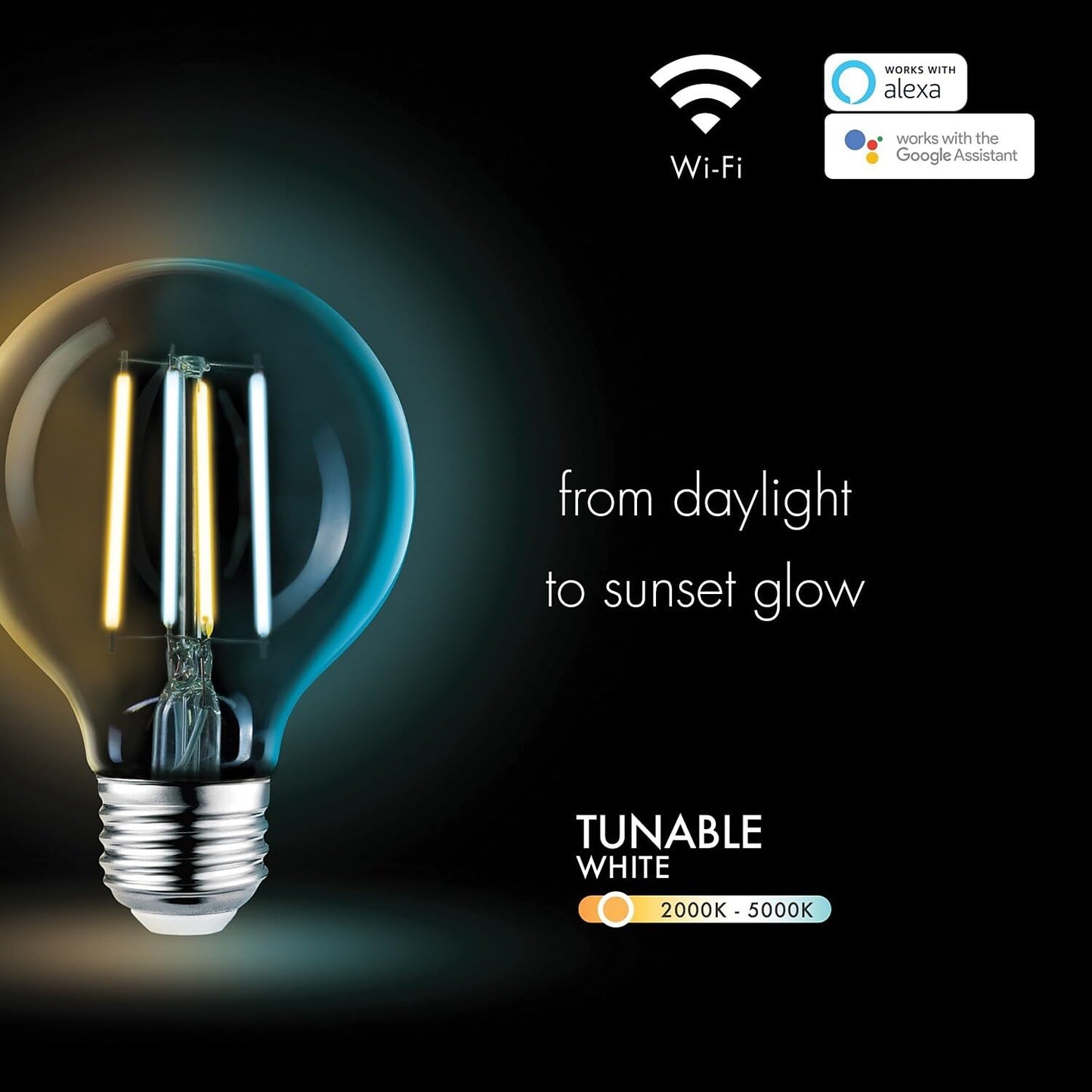 GLOBE Electric 34919 Wi-Fi Smart 5.5W (60W Equivalent) Straight Filament Tunable White Amber Glass LED Light Bulb, No Hub Required, Voice Activated, 2000K - 5000K, Vintage Edison Style, 500 Lumns