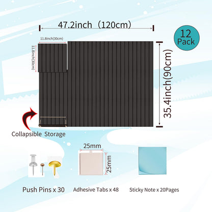 12 Pack Bulletin Boards 48" x 36" Alternative Cork Board for Office,Built-in Storage Device，Large Cork Boards for Walls ， Felt Wall Tiles, Contains Removable Security Stickers and PushPins (V-Black)