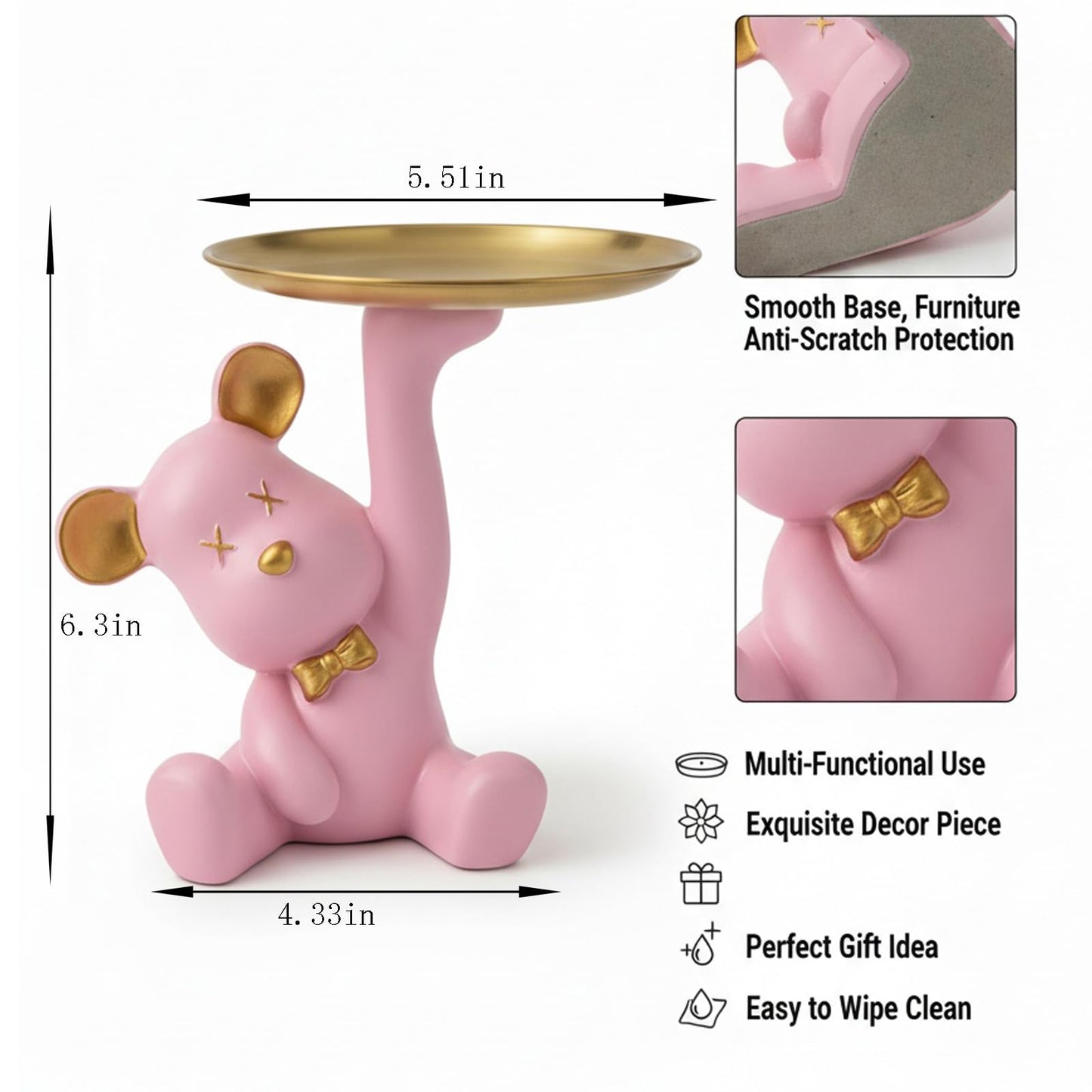 Weyiqet Bear Figurine Tray, Resin Key & Candy Dish Bowl for Entryway Table, Office Desk - Cute Key Holder, Funny Small Candy Dish, Home Decorations Indoor, Bear Home Decor Gift (pink)