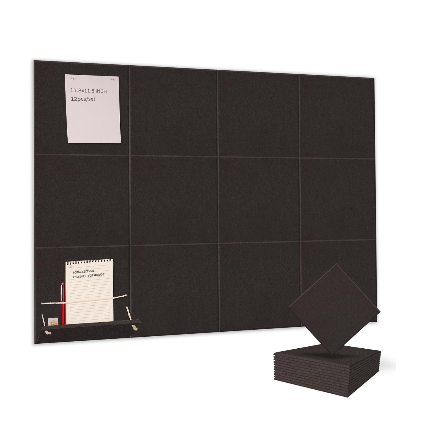 12 Pack Bulletin Boards 48" x 36" Alternative Cork Board for Office,Built-in Storage Device，Large Cork Boards for Walls ， Felt Wall Tiles, Contains Removable Security Stickers and PushPins (F-Black)