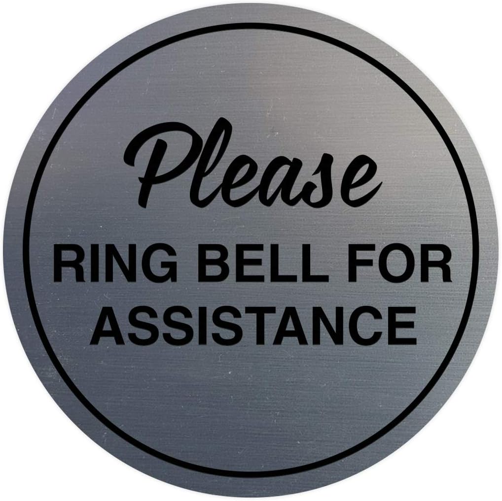 Signs ByLITA Circle Please Ring Bell For Assistance Wall or Door Sign | Easy Installation | Front Desk Reception Sign (Brushed Silver) - Small (5 Pack)