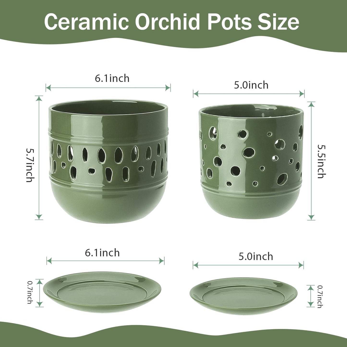 COLOAPT Orchid Pots, 5+6 Inch Orchid Pots with Holes, Ceramic Plant Pot with Drainage and Saucer, Enhance Good Ventilation, Indoor/Outdoor Flower Pot Set of 2 - Green