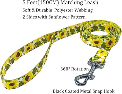 Dog Collar Leash Set, Floral Pattern, 5ft Matching Leash, Polyester Material, 4 for Small Medium Large Dogs.(M, Sunflower)