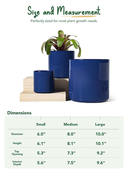 LE TAUCI Ceramic Pots for Plants, 10/8/6 Inch Indoor Planters with Draiange Hole, Silicone Plug & Mesh Pad, Modern Minimalist Pots for Home Office, Set of 3, Glossy, Midnight Blue