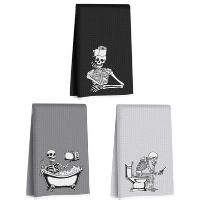 Jztco 3 Pcs Funny Skeleton Hand Towel for Bathroom 14x24 Inch, Skull Halloween Kitchen Towels Waffle Weave Hand Cloth Tea Towel, Goth Skeleton Bathroom Decor, Halloween Birthday Gifts