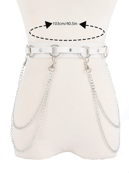 Obmyec Punk Waist Chain Belts Leather Belly Body Chain Gothic Black Leather Waist Accessories for Women (White)