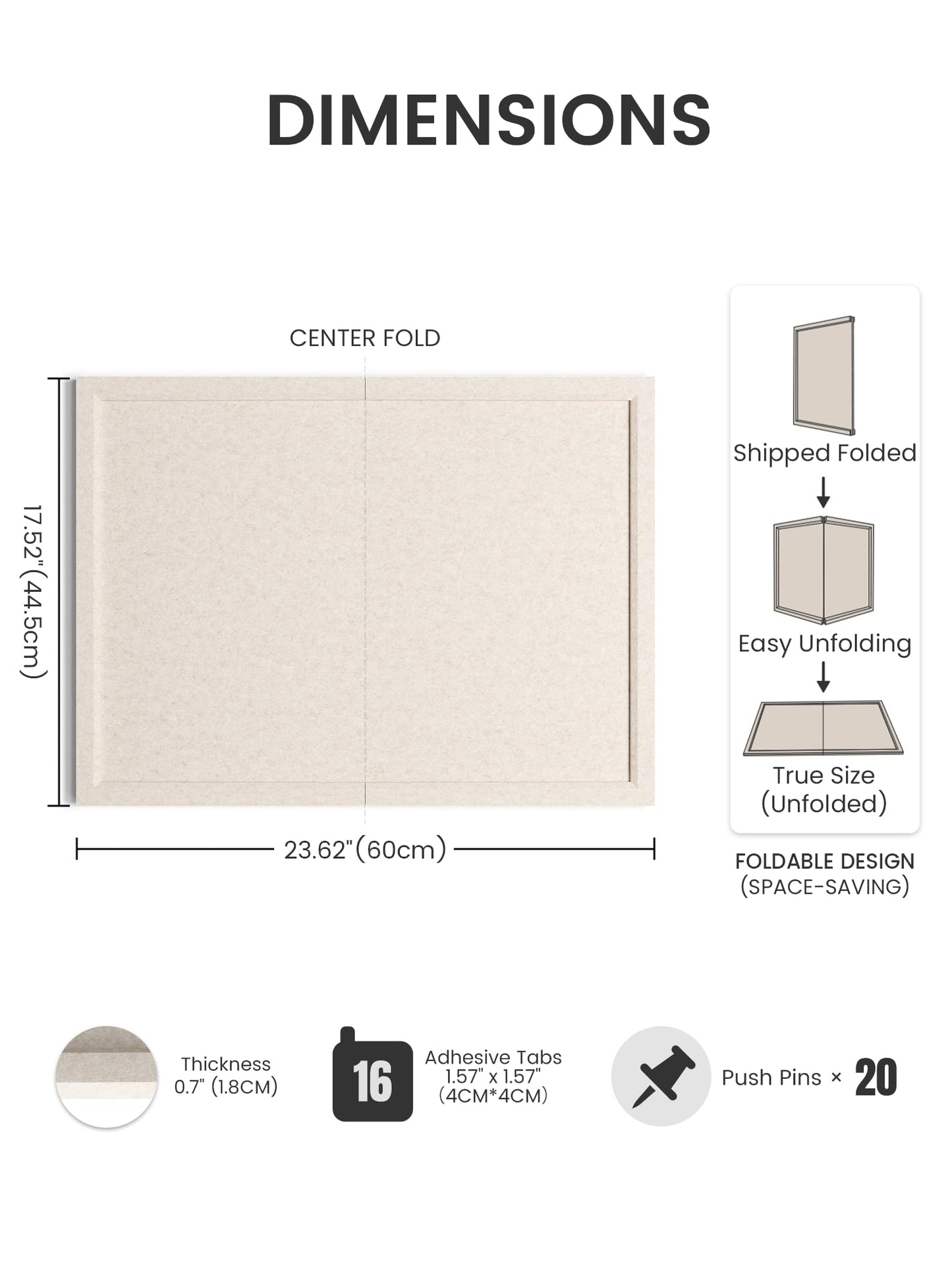 Fluxynara Foldable Cork Board Alternative, Felt Bulletin Board 23.6" x 17.5" Oatmeal Frame with 12 Adhesive Tabs, Pin Board for Home Office, Classroom, Entryway, Kitchen Wall Decor—Oatmeal