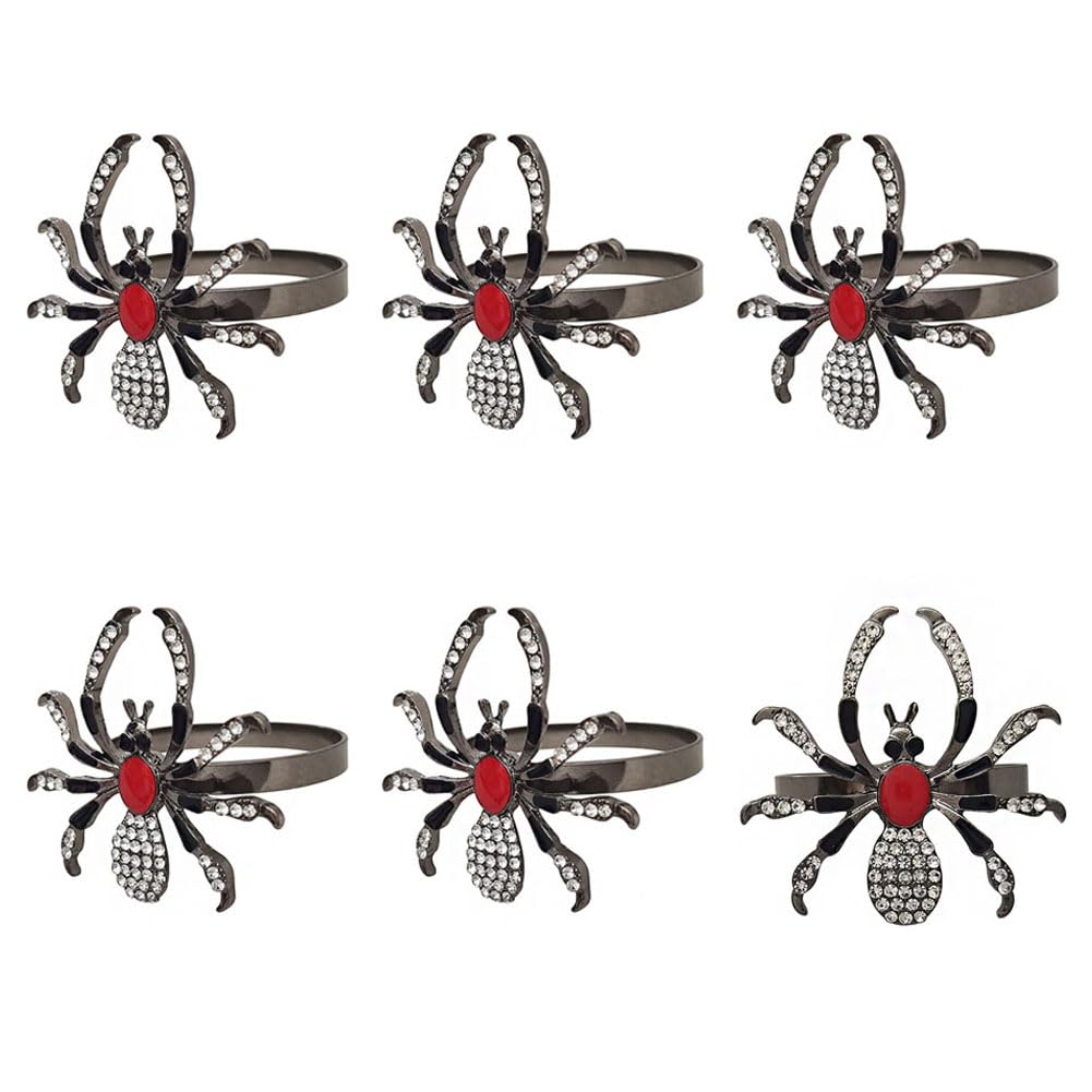 Halloween Napkin Rings Set of 6, Black Spider Napkin Ring with Rhinestones, Decorative Serviette Buckles Metal Holder for Cloth Napkins, Party Table Decor Banquet Birthday Holiday Daily Use