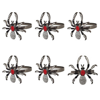 Halloween Napkin Rings Set of 6, Black Spider Napkin Ring with Rhinestones, Decorative Serviette Buckles Metal Holder for Cloth Napkins, Party Table Decor Banquet Birthday Holiday Daily Use
