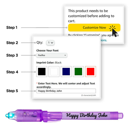 Personalized Invisible Disappearing Ink Pen Marker, Custom Secret Spy Message Writer with UV Light, Fun Activity for Kids Party Favors Gifts and Stock Stuffers, 24 Pack, Purple