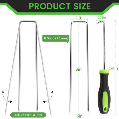 60 Pack 6 Inch Landscape Staples + 1 Hook 11 Gauge Heavy Duty Galvanized Garden Stakes, U-Shaped Ground Pins for Weed Barrier Fabric, Drip Irrigation Tubing, Sod, Lawn & Christmas Outdoor Decorations