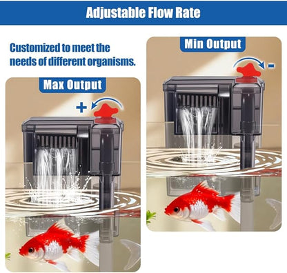 HOB Slim Aquarium Filter for Up to 5 Gallon Tank Ultra-Quiet Fish Tank Power Filter Flow Adjustable Suitable for Saltwater and Freshwater 42 GPH 3W
