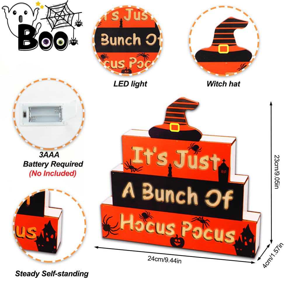 GOSUOA Halloween Wooden Block Sign with Led Lights Letters,Halloween Decorations Indoor,Halloween table decor,Battery Operated Halloween Party Decorations for Mantels, Tiered Trays, Shelves