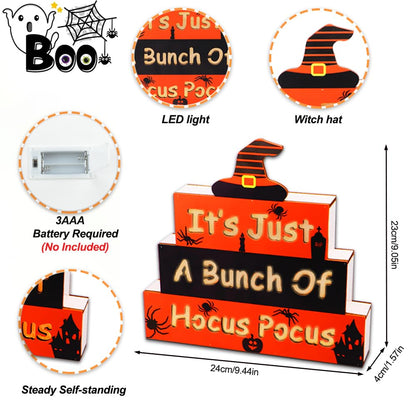 GOSUOA Halloween Wooden Block Sign with Led Lights Letters,Halloween Decorations Indoor,Halloween table decor,Battery Operated Halloween Party Decorations for Mantels, Tiered Trays, Shelves