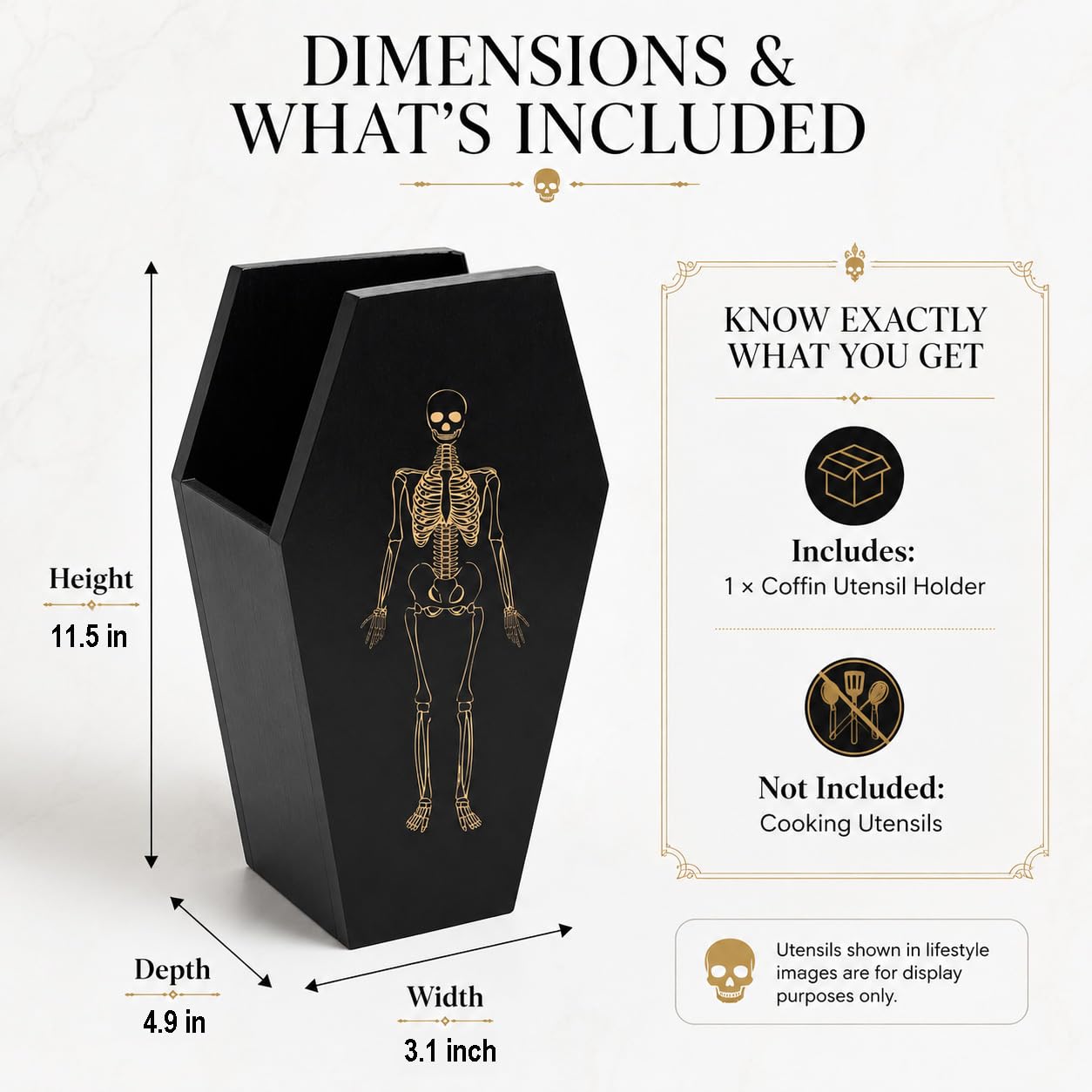 TOSOENPHY Halloween Gothic Kitchen Decor - Goth Coffin Utensil Holder (Utensils Not Included), Dual-Sided Laser-Etched Skeleton, Solid Wood Large Capacity for Spooky Bats Spoons Skull Spatulas