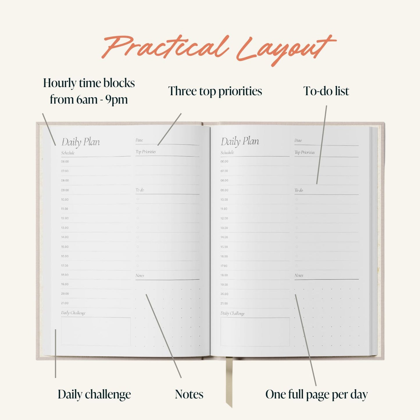 Yop & Tom Undated Daily Planner - Productivity Planner - Weekly and Daily Organizer with Time Slots - Purple & Orange