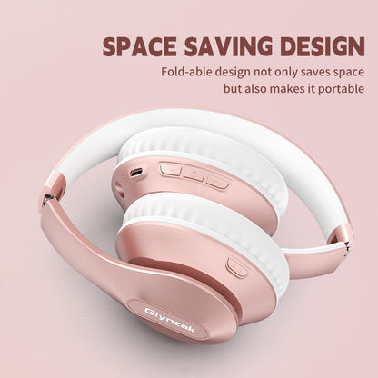 Glynzak Wireless Bluetooth Headphones Over Ear 65H Playtime HiFi Stereo Headset with Microphone and 6EQ Modes Foldable Bluetooth V5.3 Headphones for Travel Smartphone Computer Laptop Rose Gold