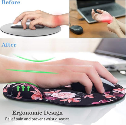 WAVEYU Mouse Pad with Wrist Support, Cute Designed Mouse Mat, Non-Slip Rubber Base Mousepad for Laptop, Computer, Black Flower