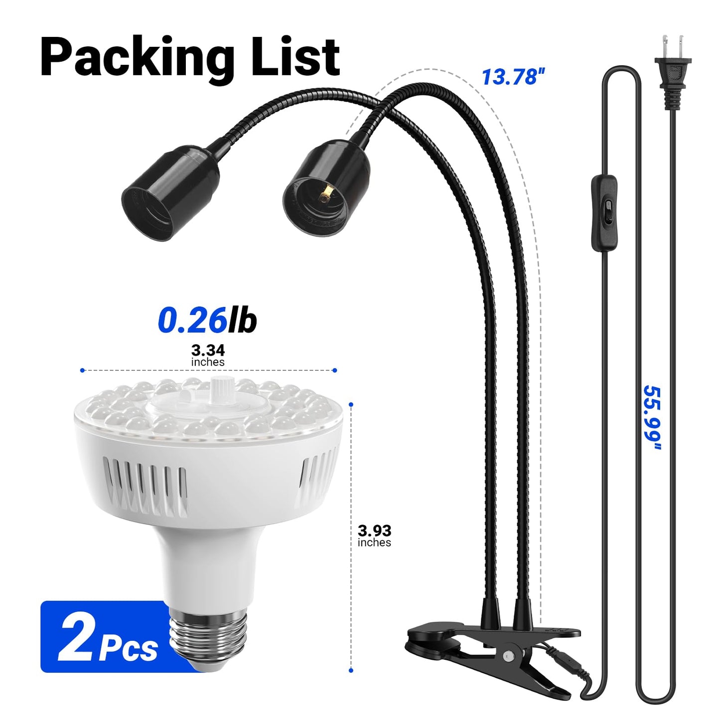 Barrina Orbgrow OG11A2 Clip On Grow Lights for Indoor Plants, Integrated Stepless Dimming & Timing, 4000K 22W(2 x 11W, 200 Watt Equiv), Full Spectrum 2-Gooseneck with E26 Plant Light Bulbs