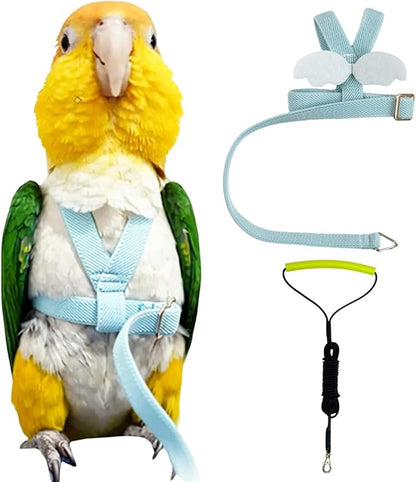Adjustable Bird Harness with Elastic Leash, Pet Parrot Harness and Leash, Adjustable Training Design Anti-Bite, Bird Nylon Rope with Cute Wing for Conure (Light Blue,XL)