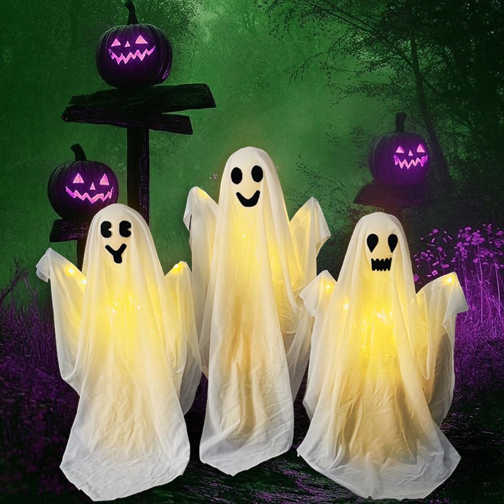 3 Pack Halloween Ghosts Decorations Outdoor,White Cloth Ghosts Stakes with Incandescent Light, Holiday Party Home Haunted House Yard Art, Front Yard Patio Lawn Garden Decor