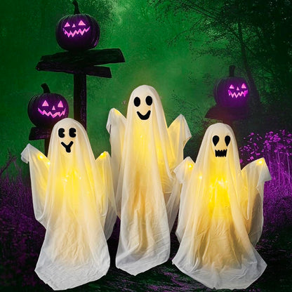 3 Pack Halloween Ghosts Decorations Outdoor,White Cloth Ghosts Stakes with Incandescent Light, Holiday Party Home Haunted House Yard Art, Front Yard Patio Lawn Garden Decor