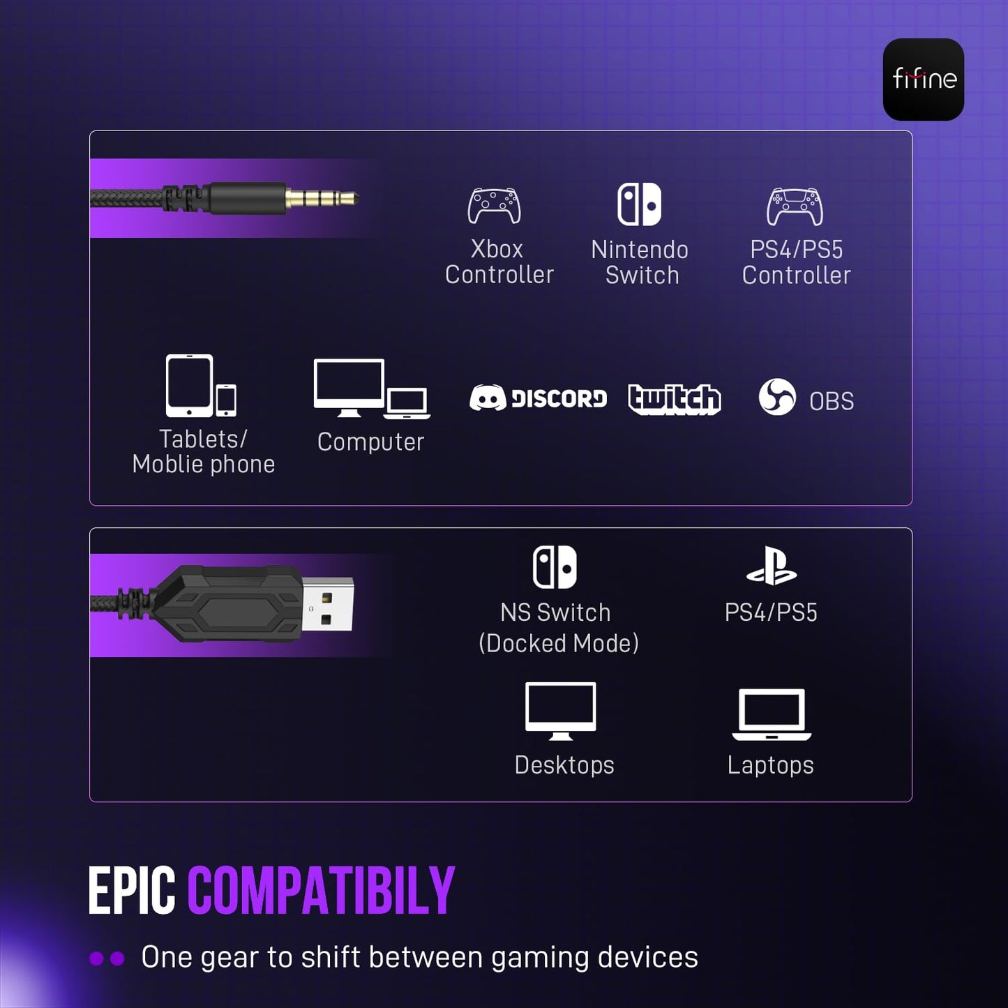 FIFINE Wired Gaming Headset, USB Headphone with 7.1 Surround Sound, Detachable Microphone, Control Box, 3.5mm Headphones Jack, Over-Ear Headset for PC/PS5/Xbox/Switch, Black-AmpliGame H9