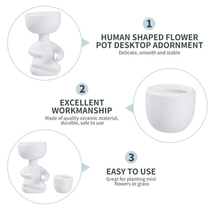 Humanoid Ceramic Flower Pot,Unique Small Planter Sitting Human Shaped Succulent Cactus Cute Plant Pot Container for Home Office Room Desk Window Desktop Decoration White,2.36x3.93 Inches