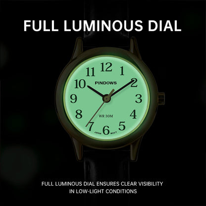 PINDOWS Minimalist Watches for Women, Gold-Tone Case with Black Leather Strap, Fashionable, Everyday Elegant Quartz Analog Dress Watch